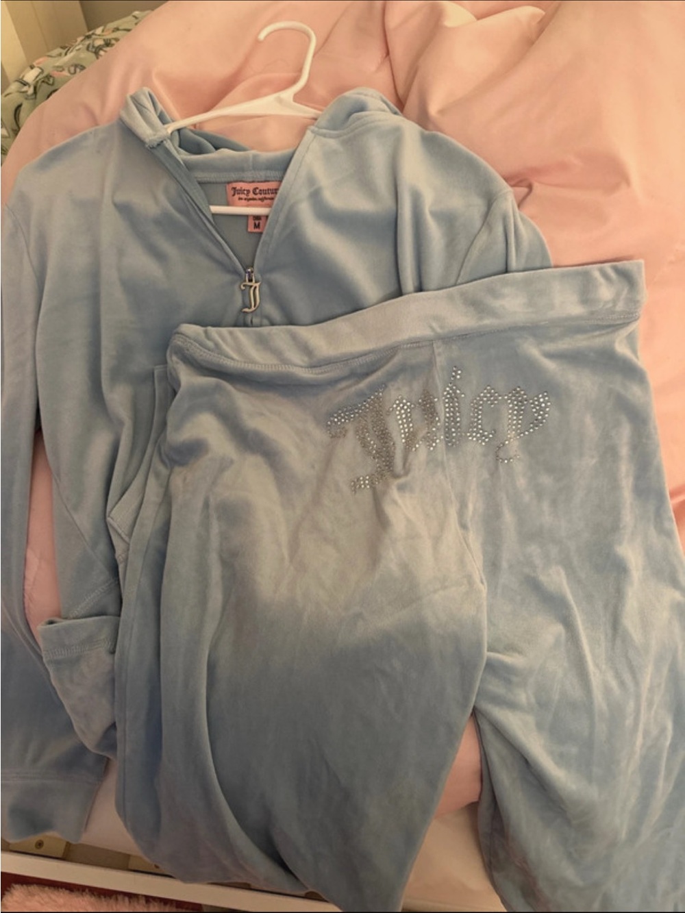 Juicy Couture Light Blue Velour Rhinestone Logo Pajama Set